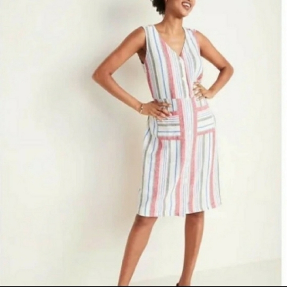 OLD NAVY Linen Blend Striped Button Front Dress Sz S - Picture 2 of 10
